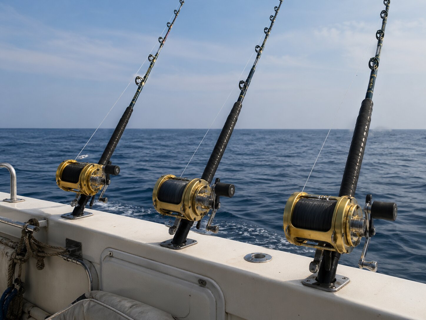 Three big game rods ready to fish